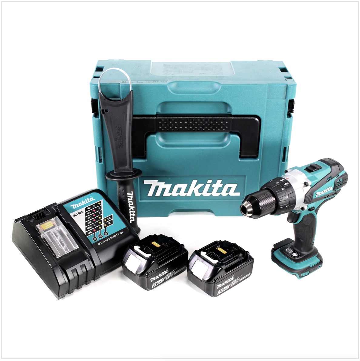 Ein Makita-Werkzeugsatz wird angezeigt, einschließlich Bohrmaschine, Ladegerät, zwei Akkus und einer türkisfarbenen Werkzeugbox. Alle Artikel befinden sich auf weißem Hintergrund.
