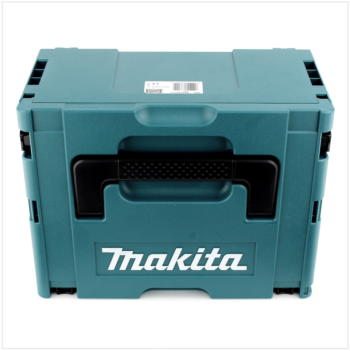 Eine türkisfarbene Makita-Werkzeugkiste mit schwarzem Griff und Makita-Logo. Die Box ist geschlossen und steht auf weißem Untergrund.