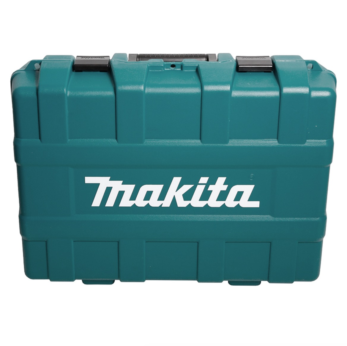 Eine teal Makita-Werkzeugkiste mit schwarzen Verschlüssen und Griff. Das weiße Makita-Logo ist mittig auf der Vorderseite.