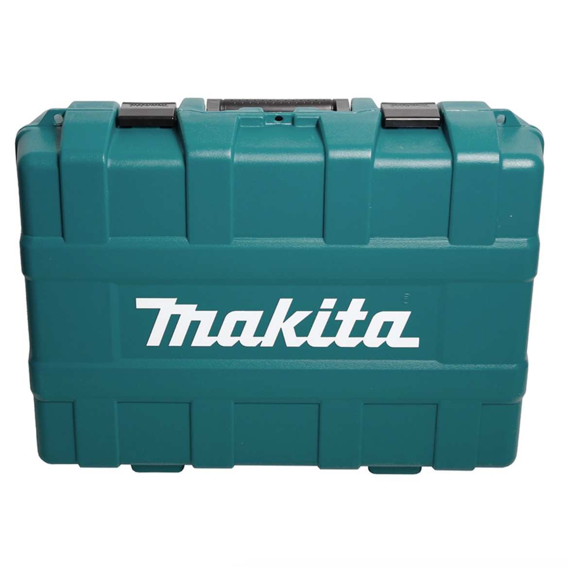 Eine teal Makita Werkzeugkiste. Sie hat einen schwarzen Griff und Verschlüsse. Das Makita-Logo ist weiß. Der Hintergrund ist weiß.