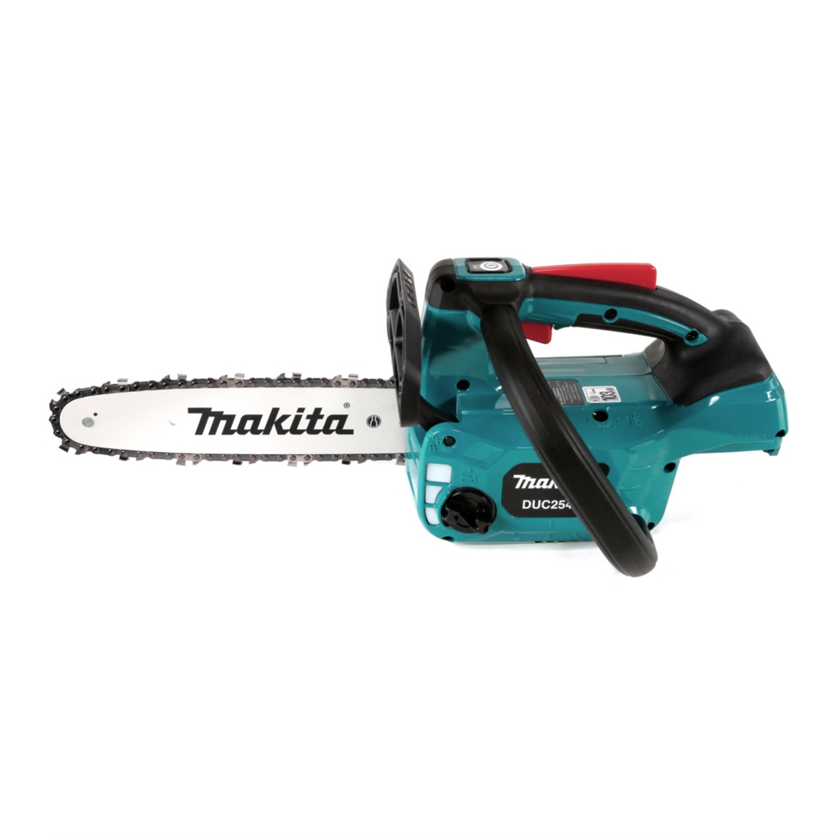 Eine teal- und schwarze Makita-Kettensäge auf weißem Hintergrund. Die Kettensäge hat einen roten Griff, und das Makita-Logo ist sichtbar.