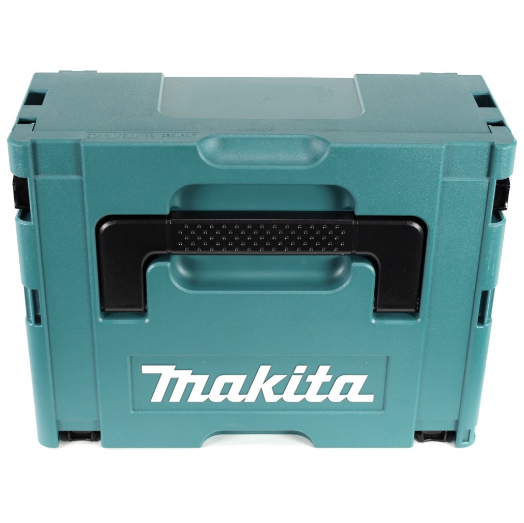 Eine türkisfarbene Makita-Werkzeugbox mit schwarzem Griff. Das Makita-Logo ist weiß. Die Box steht auf weißem Hintergrund.