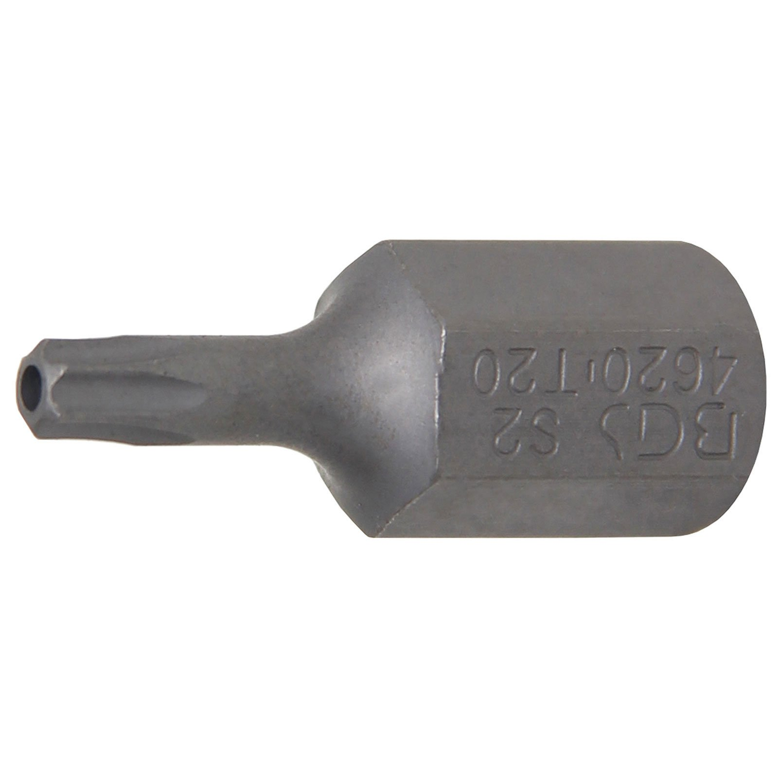 Una punta Torx in metallo grigio, BGS S2 4620 T20, è appoggiata orizzontalmente su sfondo bianco. La punta ha un piccolo foro.