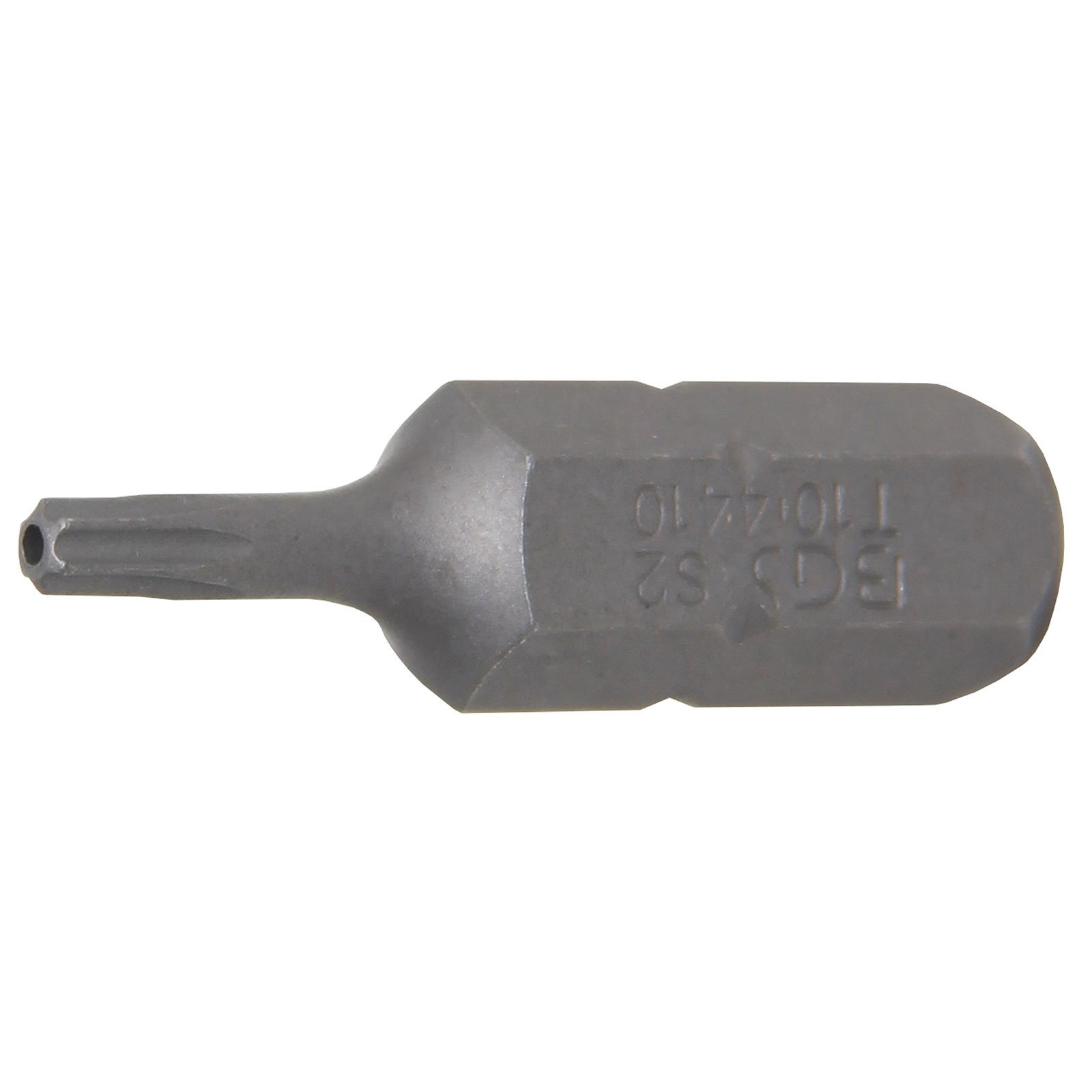 Una punta per utensili in metallo grigio con punta a forma di stella. È etichettata 'BGS S2 T10 4410'.