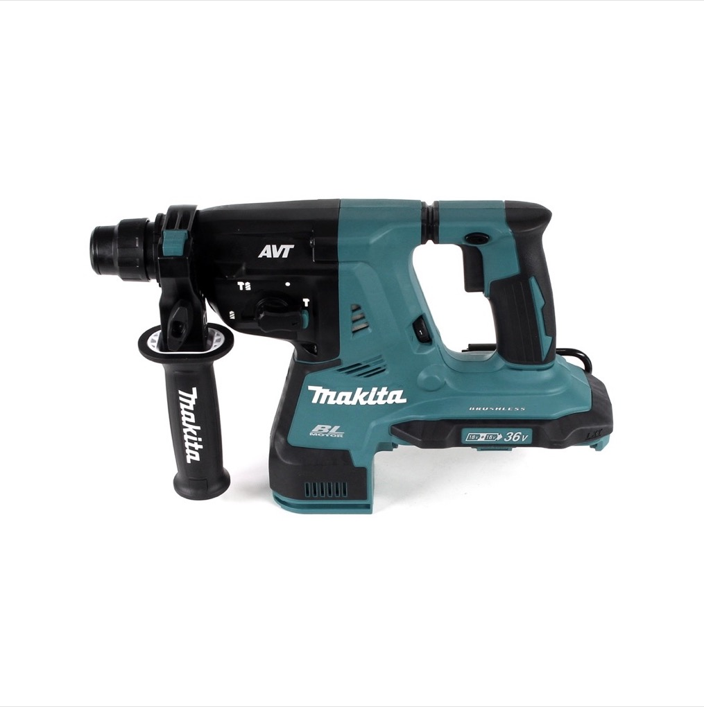 Ein schnurloser Makita-Bohrhammer in Teal und Schwarz. Er hat einen Griff, einen Seitengriff und das Makita-Logo. Weißer Hintergrund.