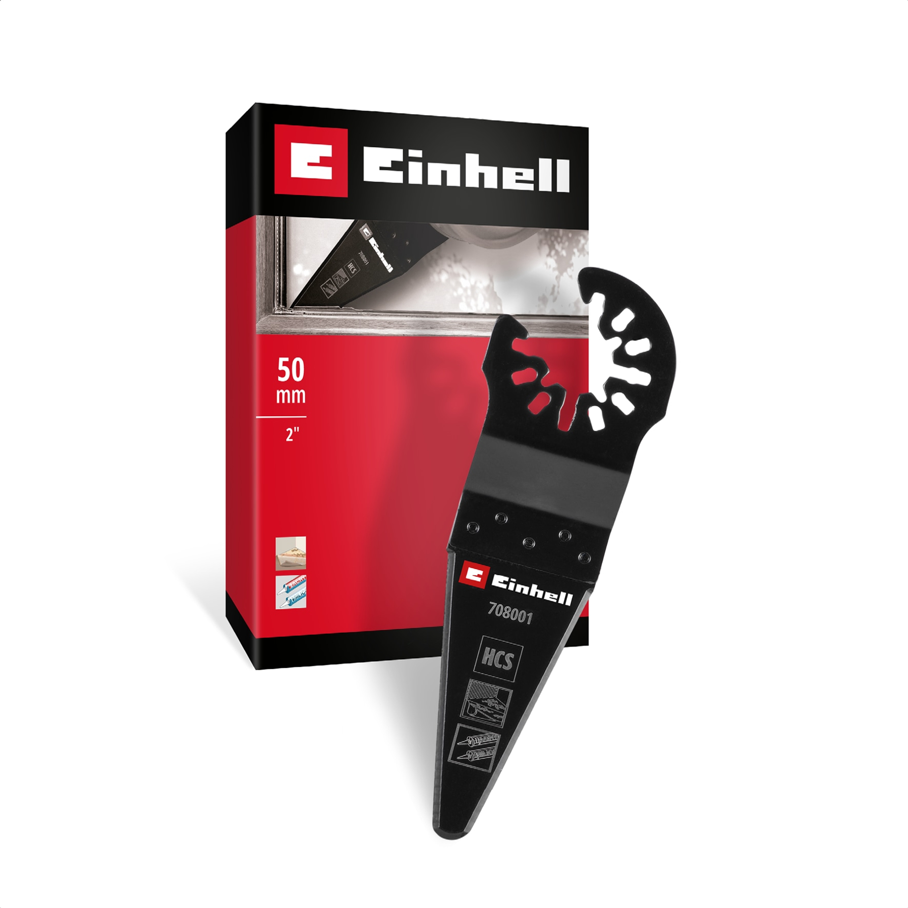 Ein schwarzes Einhell-Sägeblatt und -Box. Die Klinge befindet sich vor der roten Box mit weißen Details.