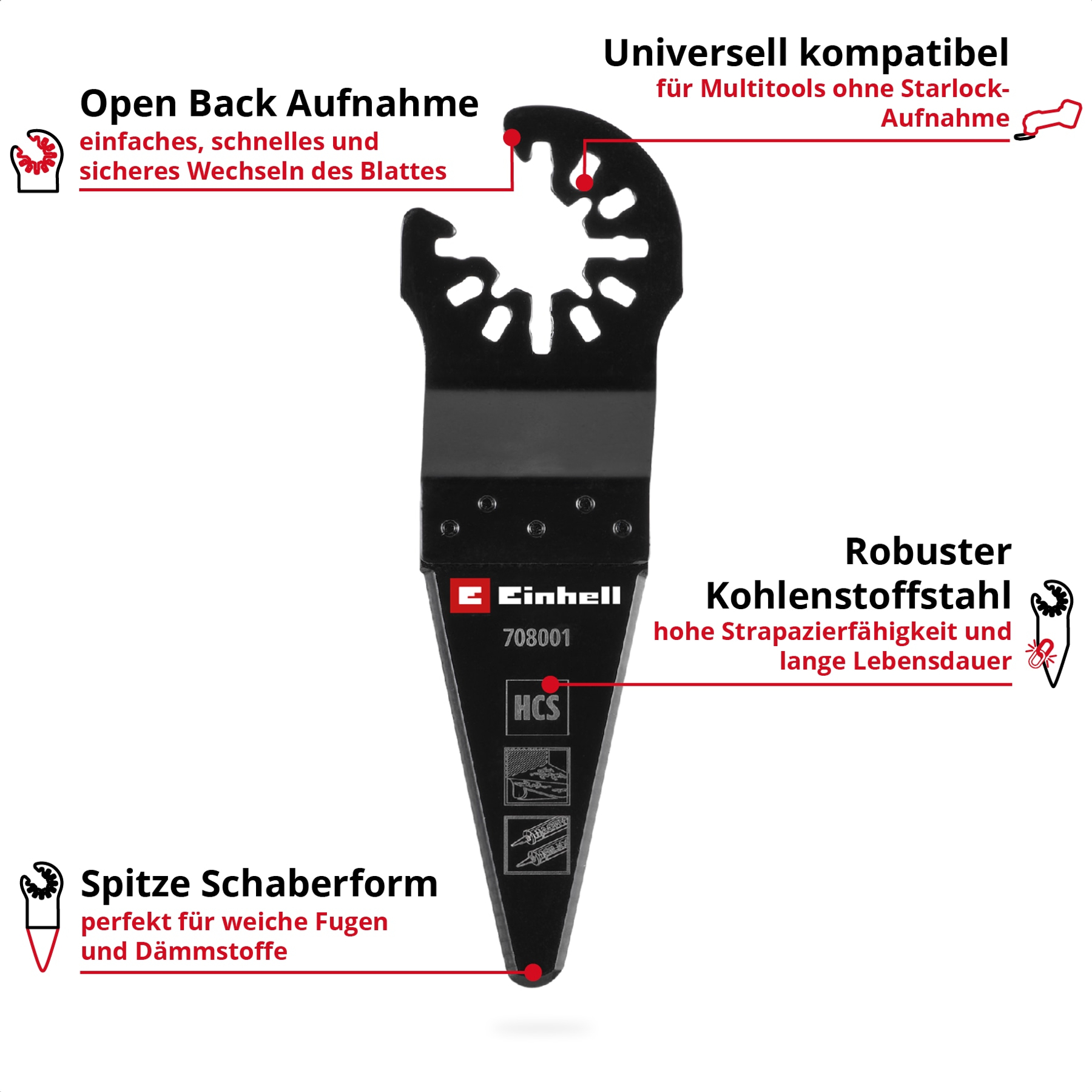Ein schwarzes Multitool-Messer mit deutschem Text. Es hebt Merkmale wie offene Rückseite, robusten Kohlenstoffstahl hervor.