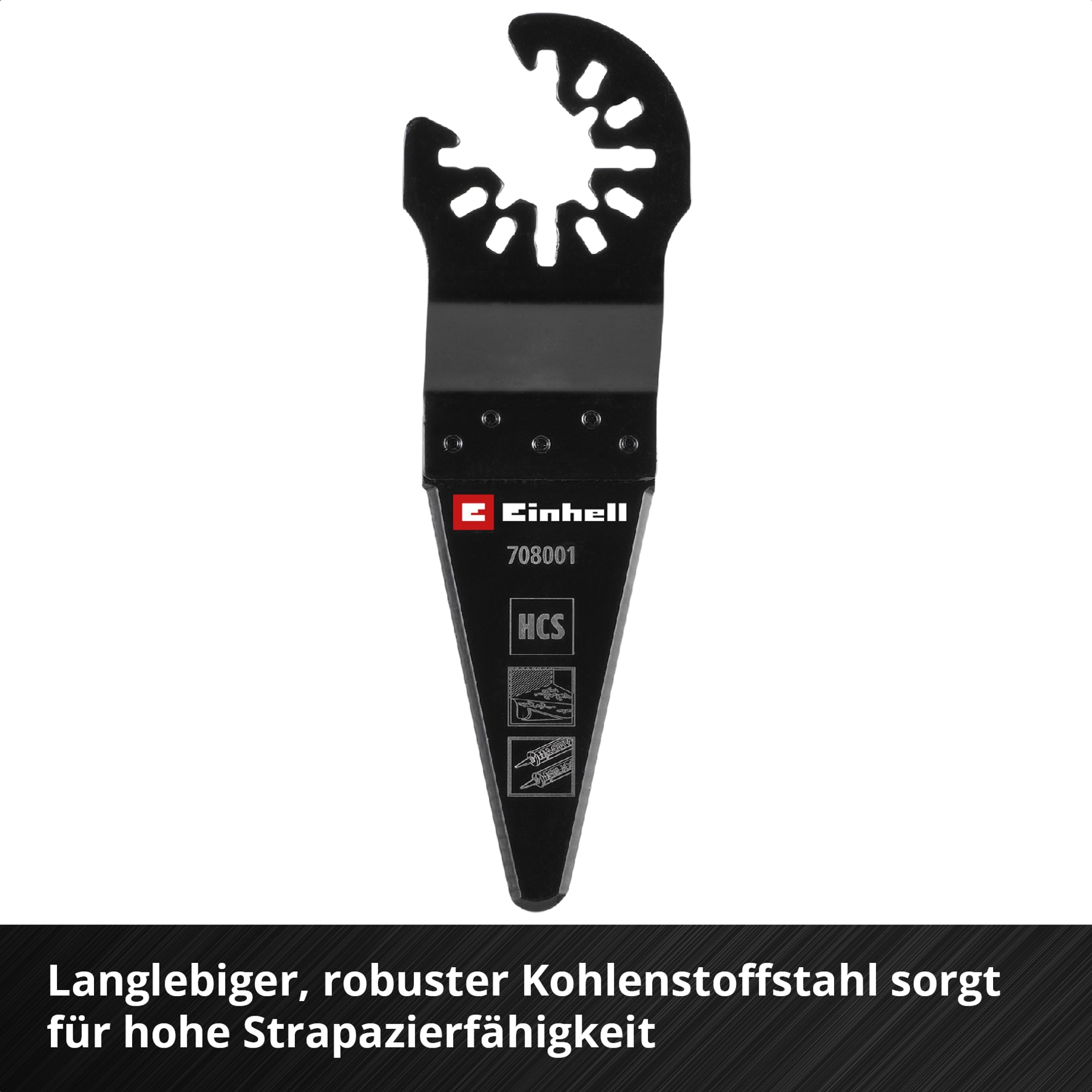 Schwarzes Sägeblatt mit Einhell-Logo. Verfügt über eine gekerbte Oberseite und einen sich verjüngenden Körper.