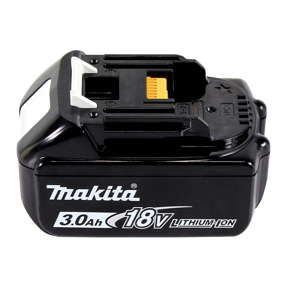 Ein schwarzer Makita 18V Lithium-Ionen-Akku. Er hat eine weiße und schwarze Oberseite mit dem Text 'Makita' und '3.0Ah 18V Lithium-Ion'.