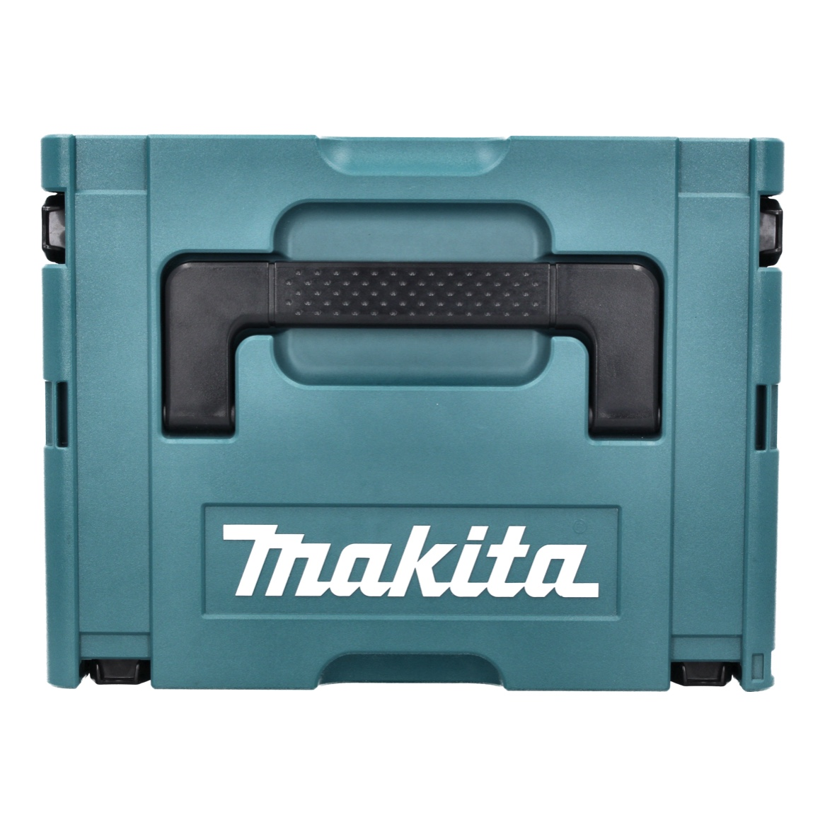 Eine türkisfarbene Makita-Werkzeugkiste mit schwarzem Griff und weißem Makita-Logo. Die Box ist geschlossen und hat eine rechteckige Form.