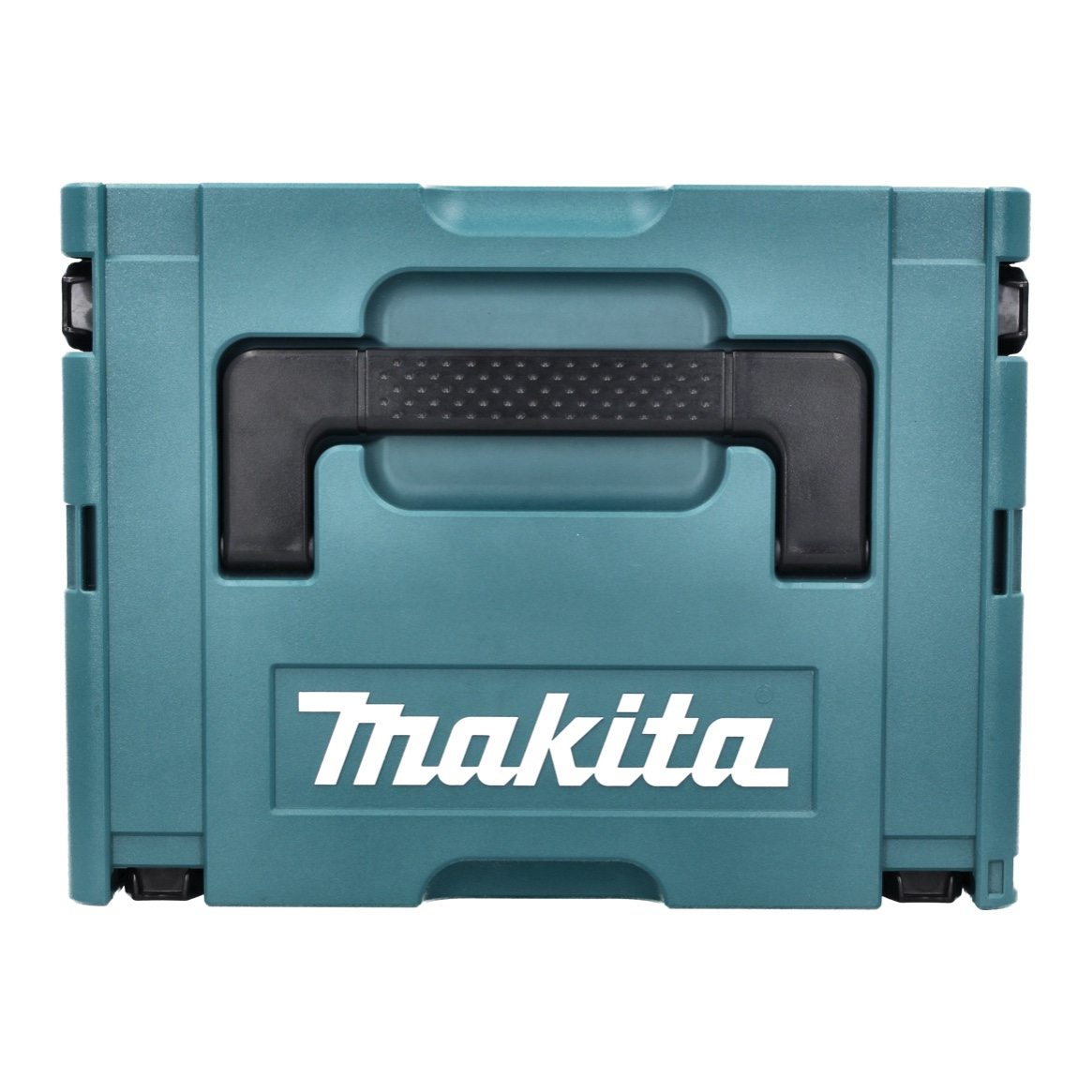 Eine teal Makita Werkzeugkiste mit schwarzem Griff. Das Makita-Logo ist weiß und mittig auf der Vorderseite.
