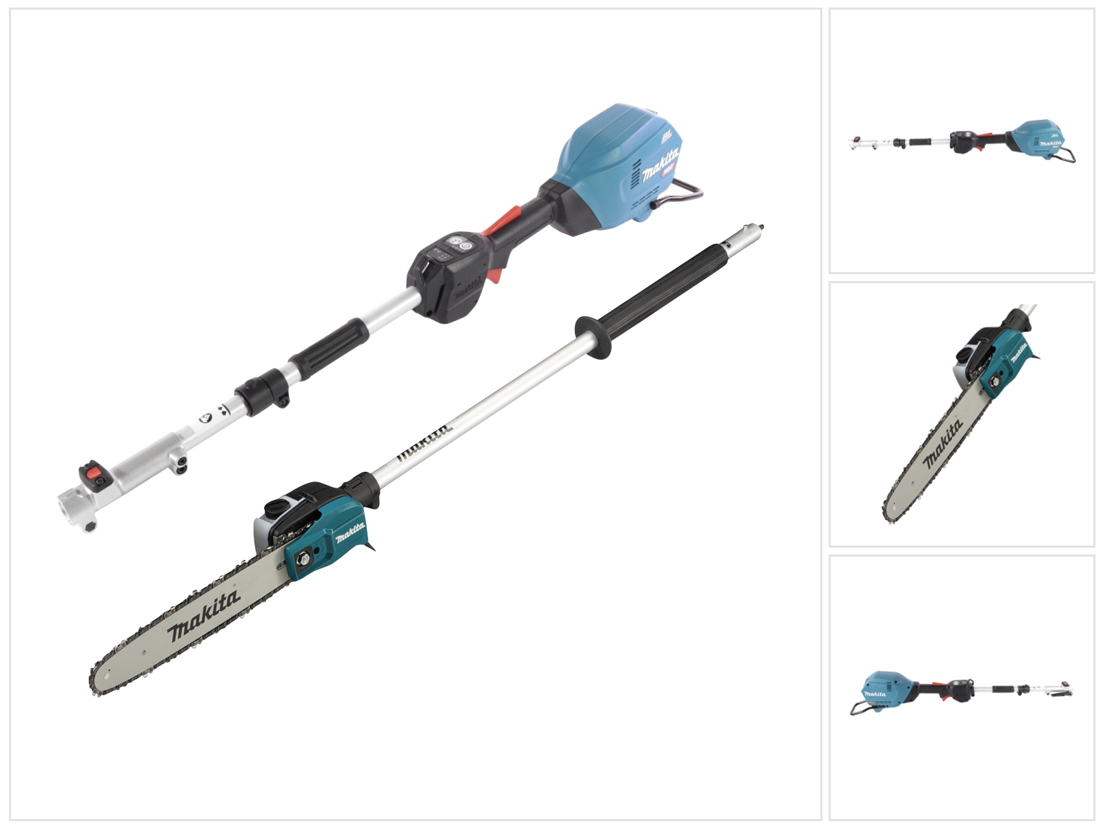 Makita-Kettensägen-Set. Eine teal- und schwarze Kettensäge mit langem Stab und zusätzliche Teile sind auf weißem Hintergrund gezeigt.