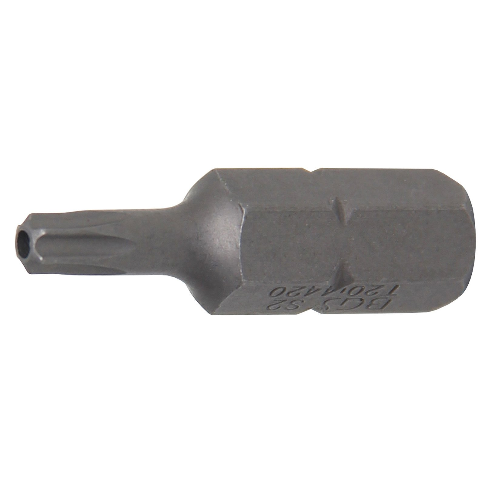 Una punta Torx in metallo grigio su sfondo bianco. Ha un'estremità a forma di stella e testo laterale.
