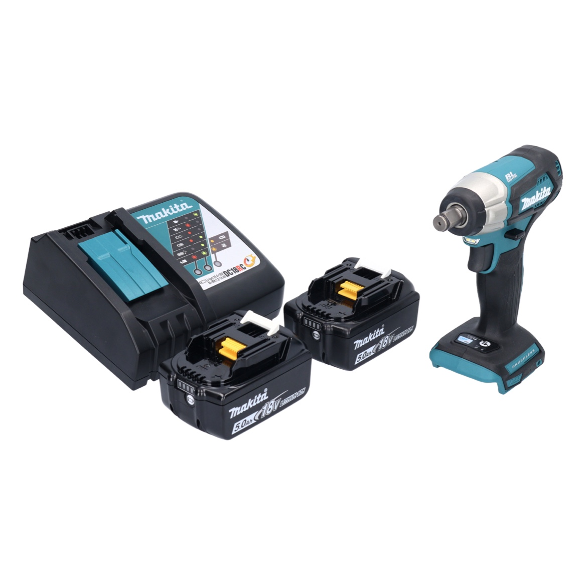 Makita Elektrowerkzeug-Set: Ladegerät, zwei Akkus und ein Schlagschrauber. Schwarz, Türkis und Silber dominieren.