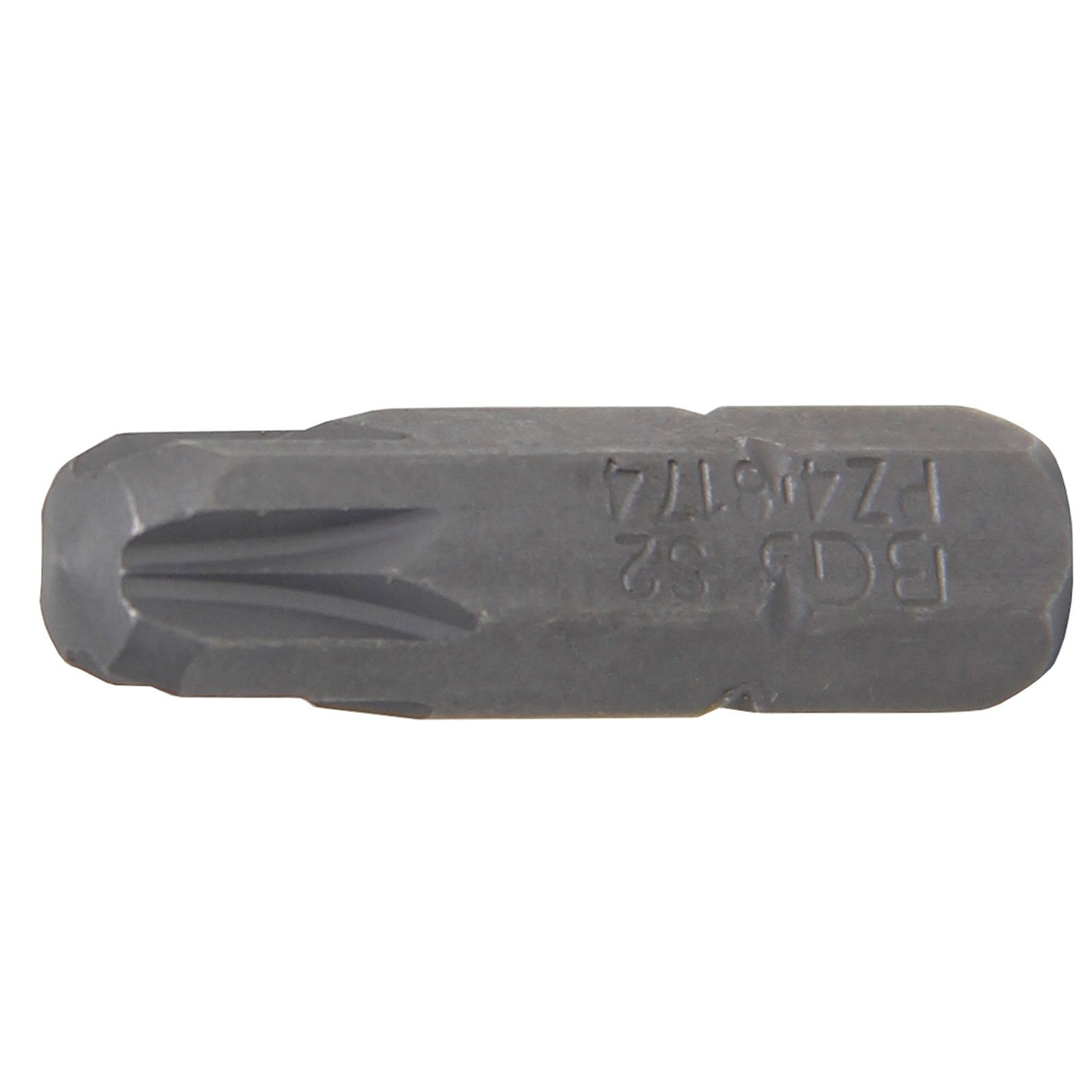 Una punta per cacciavite in metallo grigio con testa a forma di stella. La punta ha segni e su sfondo bianco.