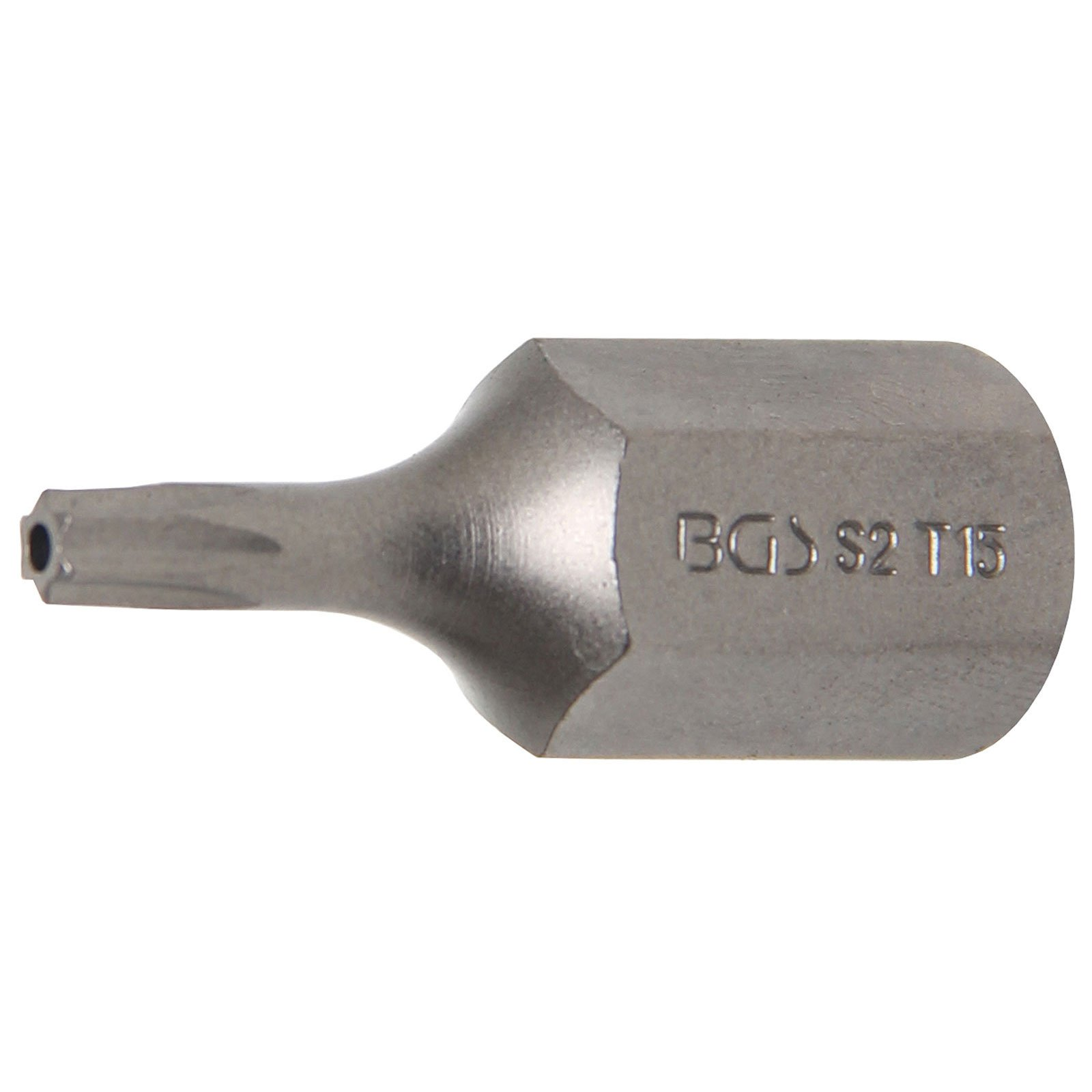 Una punta per cacciavite in metallo con testa a forma di stella. Ha un corpo esagonale con la scritta 'BGS S2 T15'.