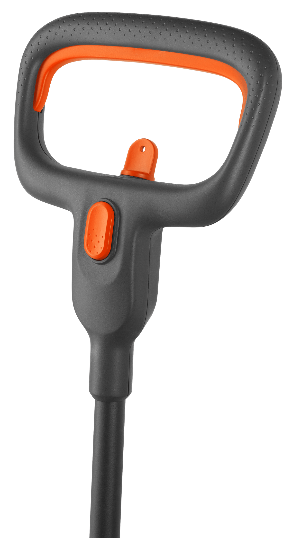 Grau-oranger Griff vor schwarzem Hintergrund. Griff mit orangefarbenem Knopf und Oberseite. Der Griff hat Vertiefungen.