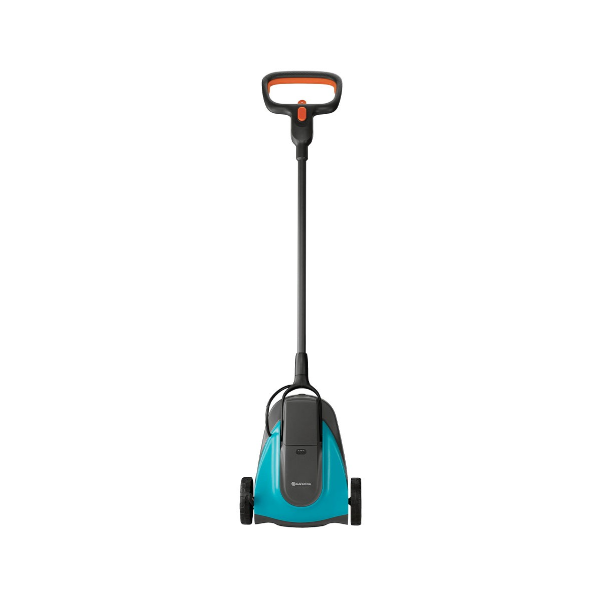 Ein blauer und grauer Schiebefeger mit orangefarbenem Griff auf weißem Hintergrund. Er hat zwei Räder und einen langen Griff.