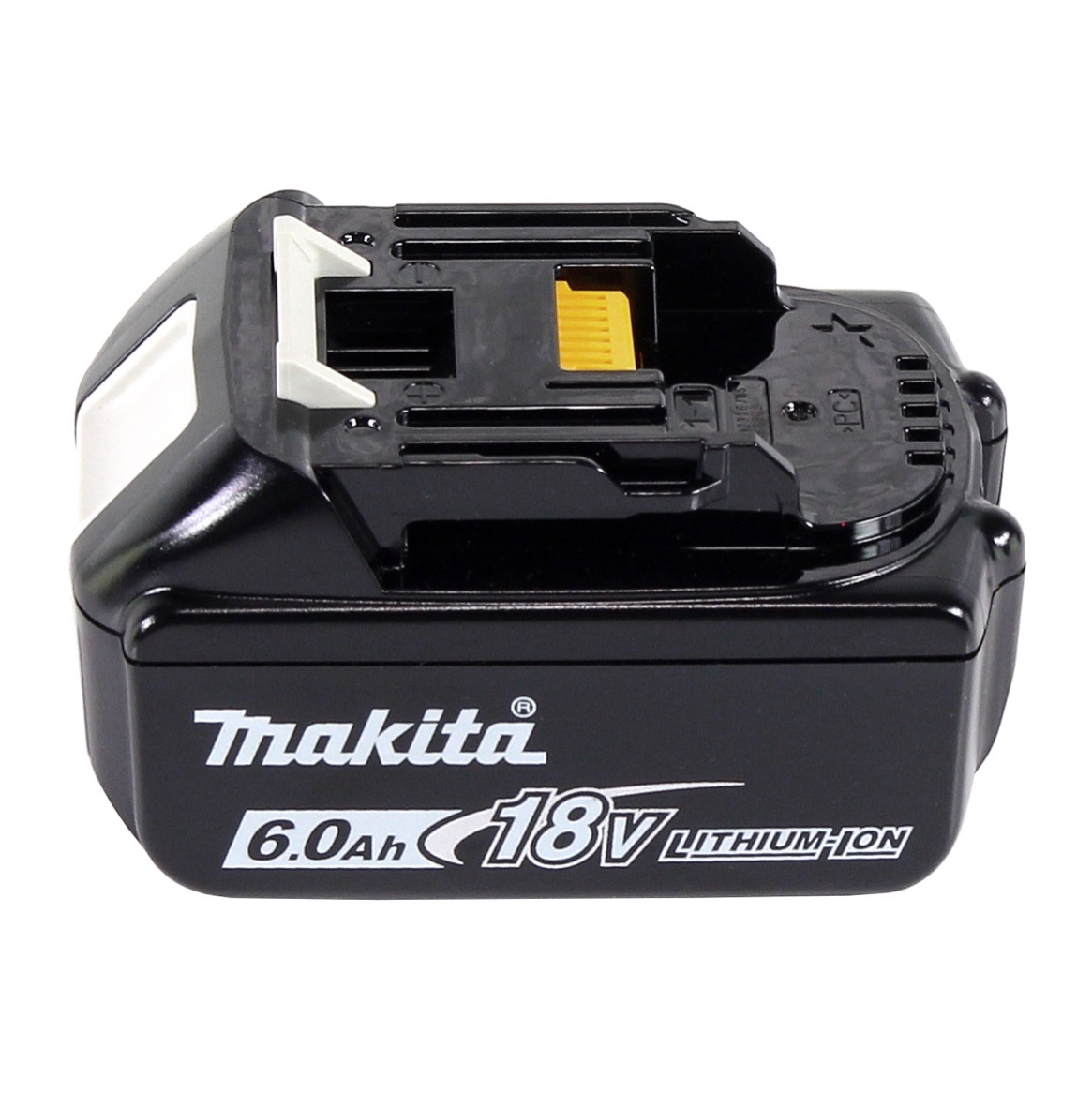 Ein schwarzer Makita 18V Lithium-Ionen-Akku. Es hat weiße und gelbe Details. Auf dem Etikett steht 6,0 Ah und das Makita-Logo.