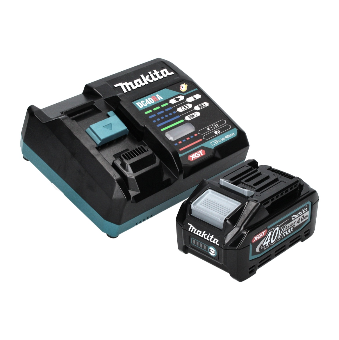 Schwarzes und türkisfarbenes Makita-Batterieladegerät und -Batterie. Das Ladegerät hat Kontrollleuchten. Die Batterie ist mit 40 V max und 4,0 Ah gekennzeichnet.