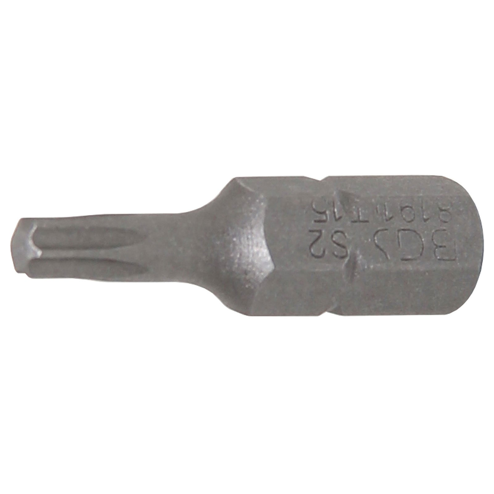 Una punta per cacciavite in metallo grigio. È di tipo Torx con le marcature: BGS S2, 8191T15.