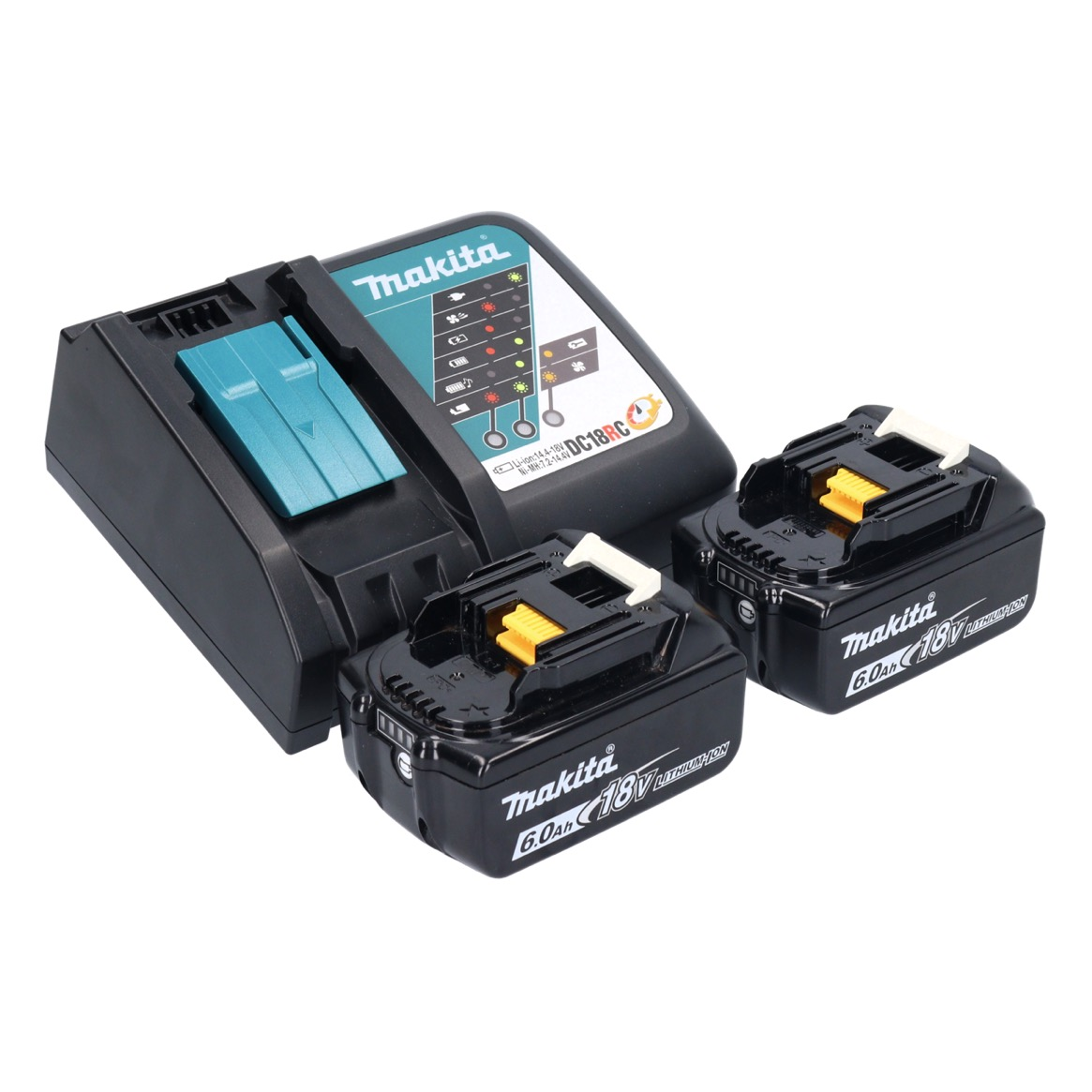 Ein Makita-Batterieladegerät mit zwei schwarzen 18-V-Akkus. Das Ladegerät ist schwarz und blaugrün mit Kontrollleuchten. Batterien haben gelbe Akzente.