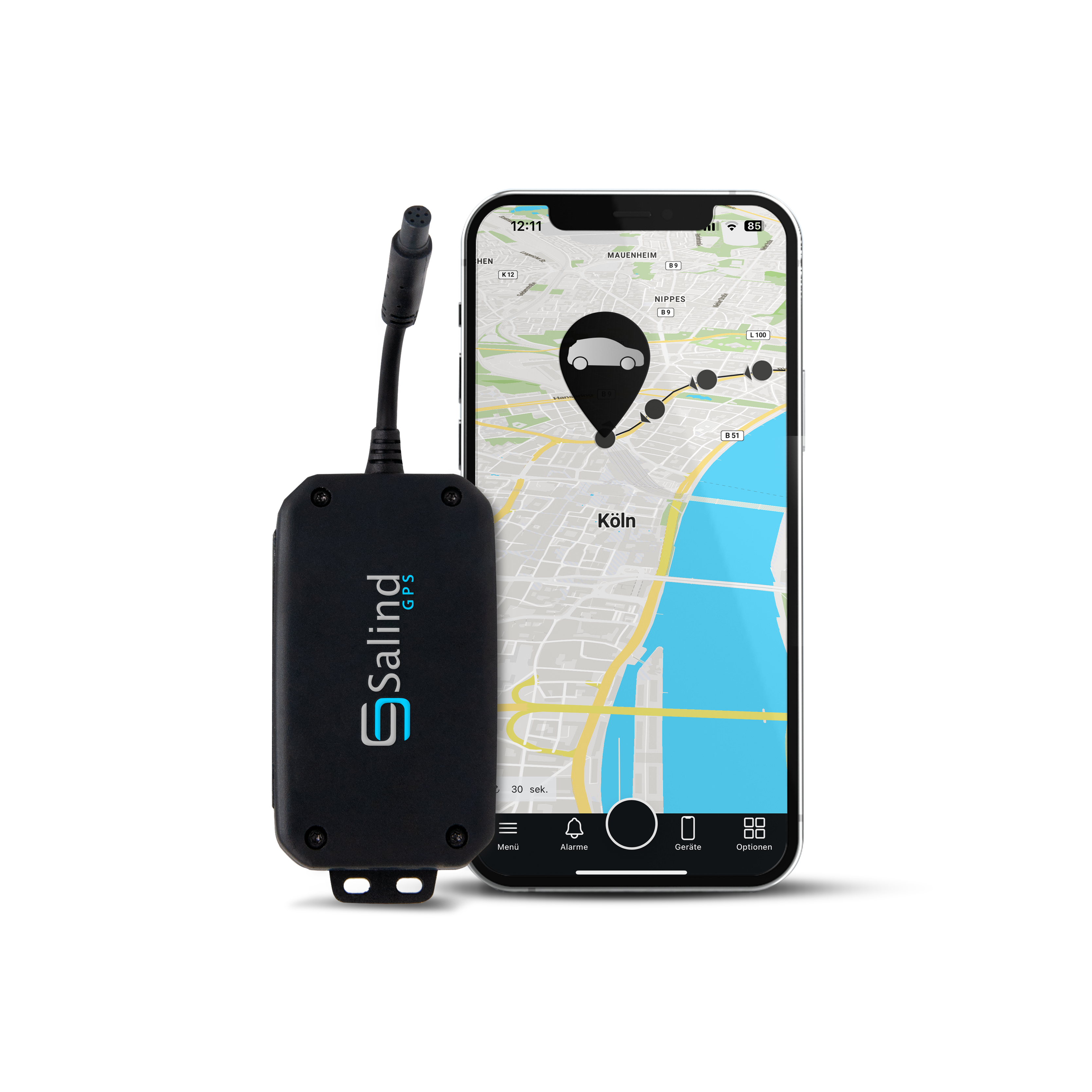 Un dispositivo GPS nero con un telefono connesso che mostra una mappa di Colonia, Germania, con un'icona dell'auto.