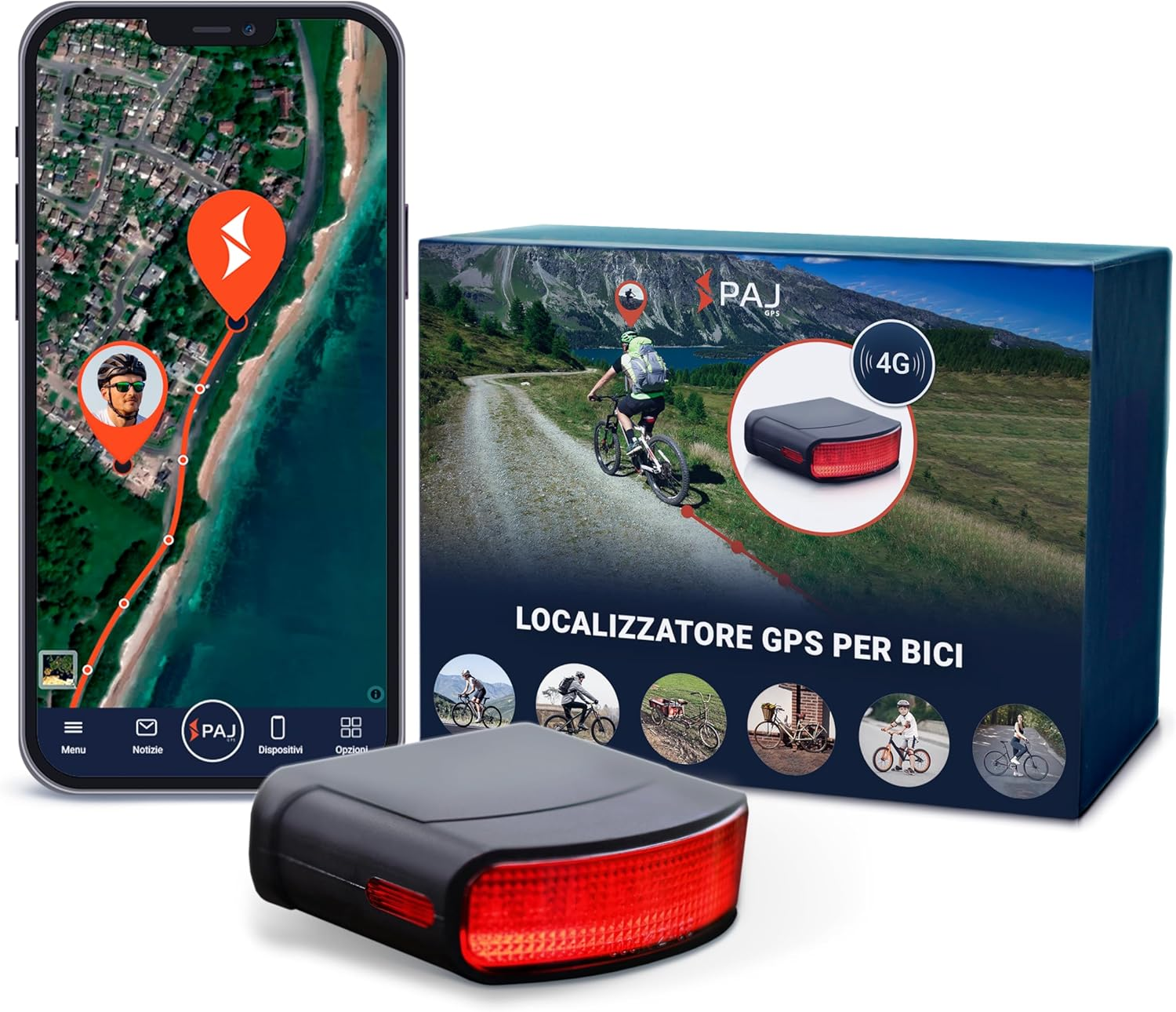 Uno smartphone mostra una mappa con un percorso. Un dispositivo GPS per bici è di fronte a una scatola con l'immagine di un ciclista su un sentiero di montagna.