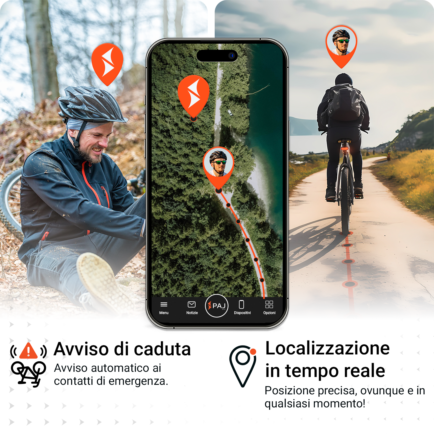 L'immagine mostra un ciclista e un telefono che mostra una mappa con indicatori di posizione. Il testo indica il rilevamento delle cadute e la localizzazione in tempo reale.