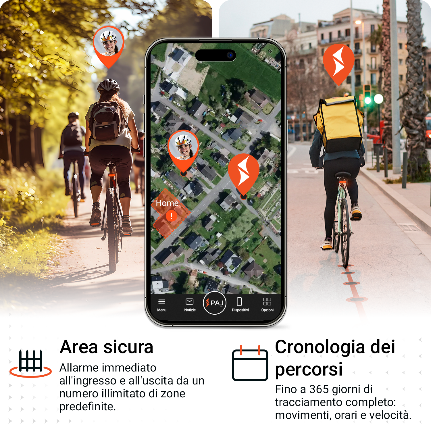 Le persone vanno in bicicletta. Un telefono mostra una mappa con indicatori di posizione. Una persona ha una borsa per la consegna. Testo sulla sicurezza dell'area e sulla cronologia del percorso.