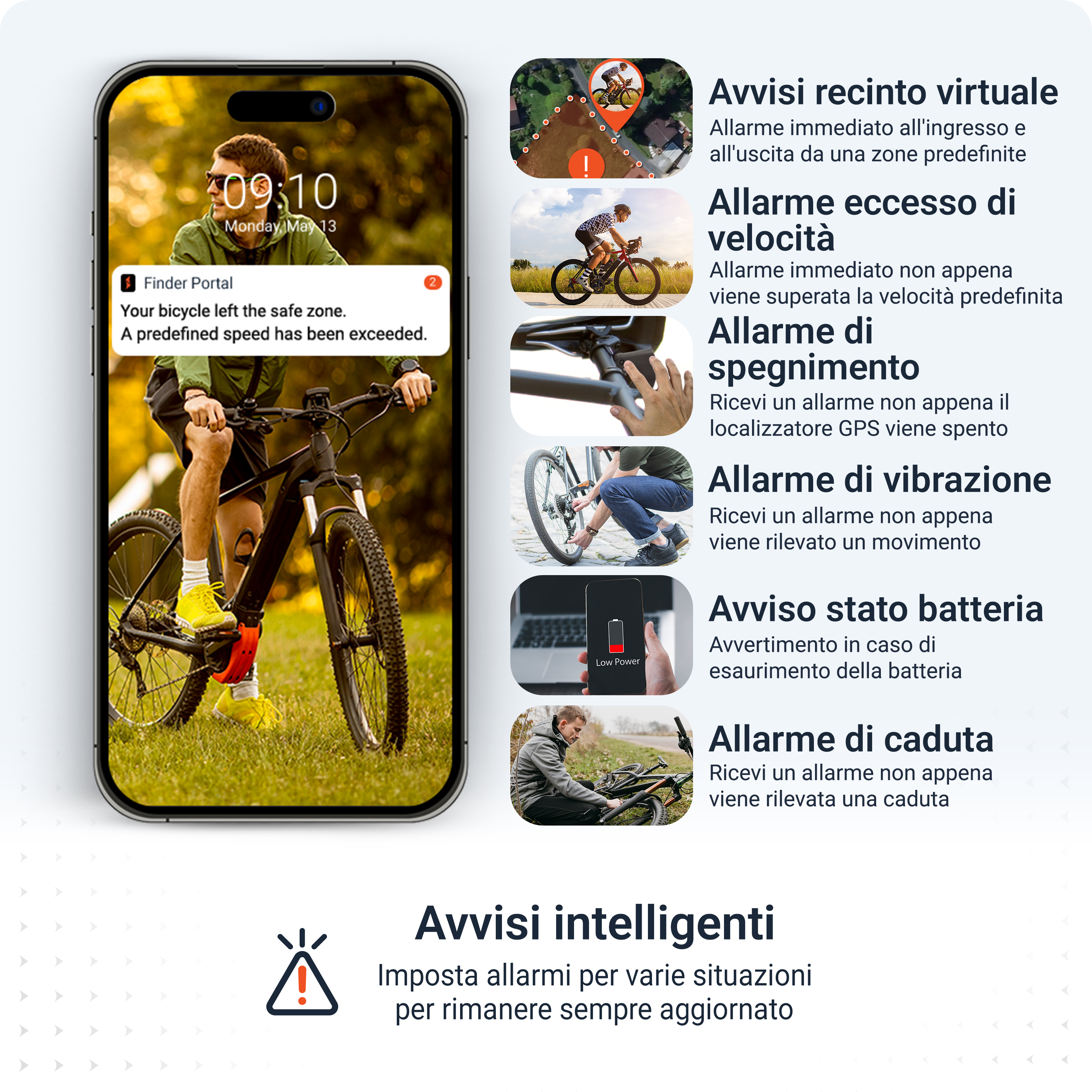 Un telefono mostra una notifica dell'app di sicurezza per biciclette. Un uomo va in bicicletta sull'erba.
