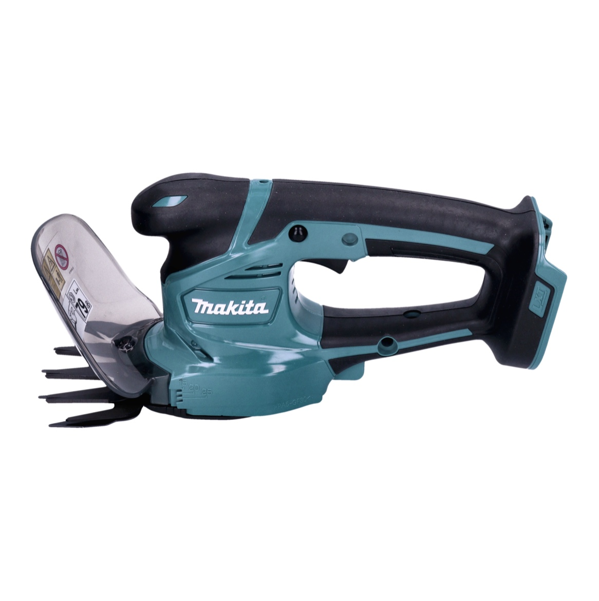 Eine teal-schwarze Makita-Heckenschere. Sie hat einen transparenten Schutz und schwarze Klingen. Der Hintergrund ist weiß.