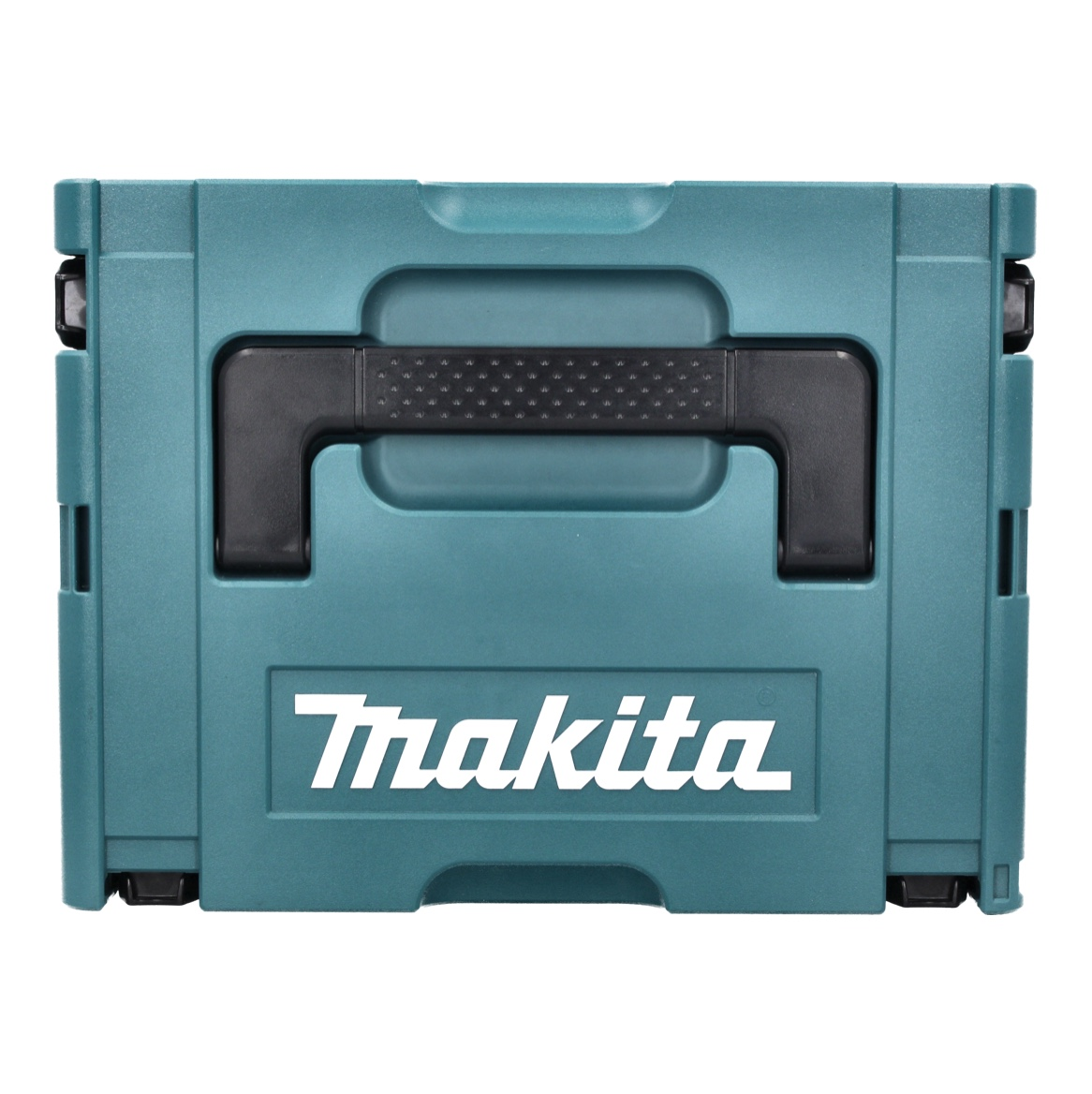 Eine türkisfarbene Makita-Werkzeugkiste mit schwarzem Griff und weißem Makita-Logo. Sie ist geschlossen und hat schwarze Verschlüsse.