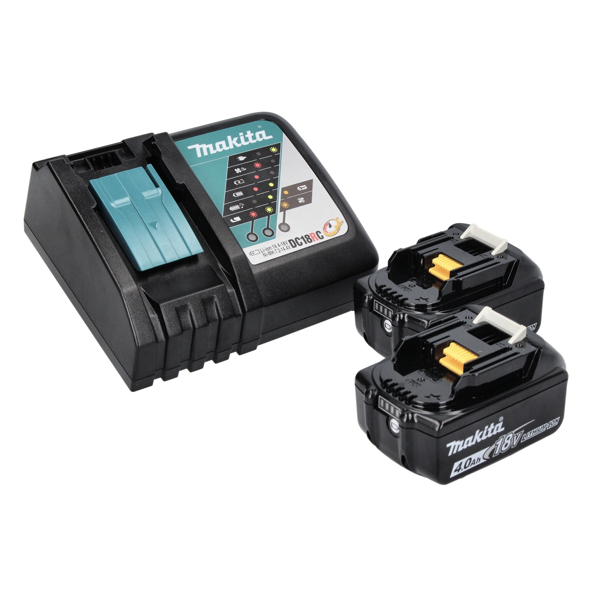 Makita-Ladegerät mit zwei Akkus. Schwarzes Ladegerät und Batterien mit gelben und weißen Akzenten.