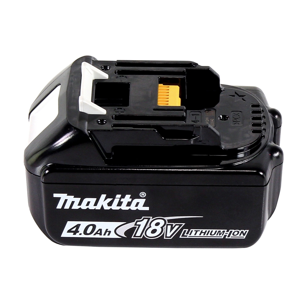 Ein schwarzer Makita 18V Lithium-Ionen-Akku mit 4,0 Ah. Es hat einen schwarzen Körper, weiße und gelbe Akzente und das Makita-Logo.