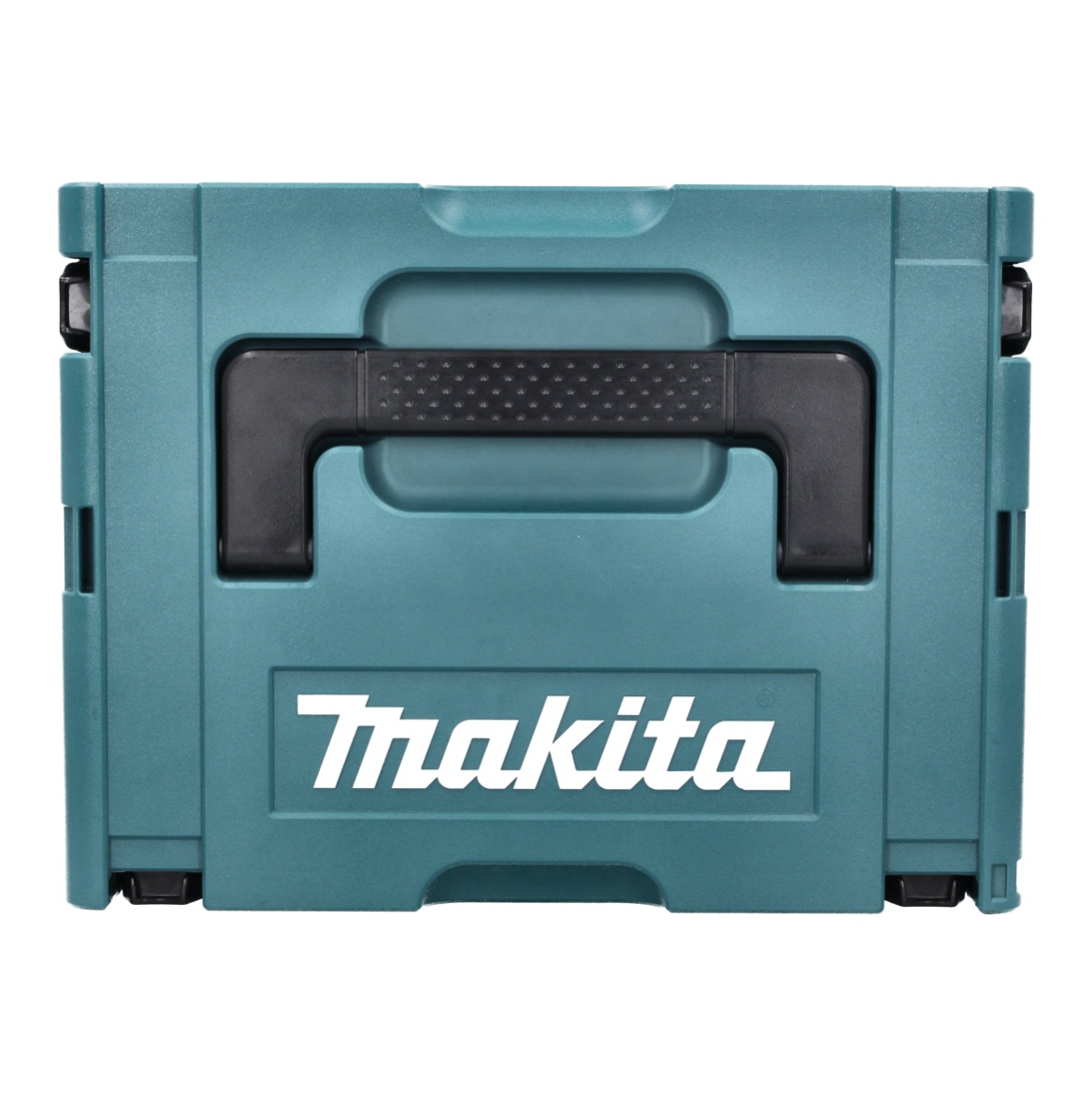 Eine tealfarbene Makita-Werkzeugkiste. Sie hat einen schwarzen Griff und das Makita-Logo in Weiß. Die Box ist rechteckig.