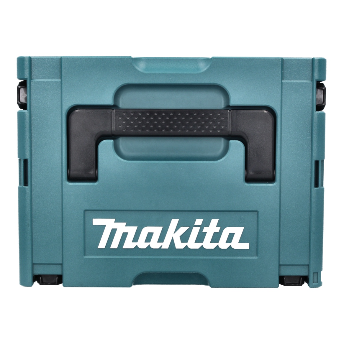 Eine teal Makita Werkzeugkiste mit schwarzem Griff und dem Markennamen in Weiß. Die Box ist geschlossen und hat eine rechteckige Form.