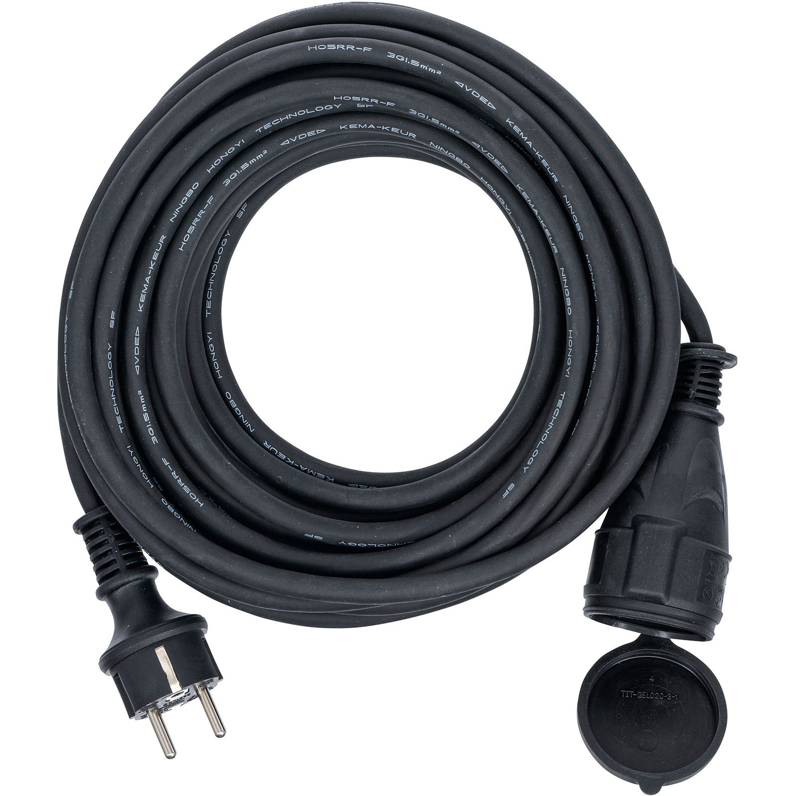 Schwarzes Verlängerungskabel mit Stecker und Steckdose. Das Kabel ist aufgerollt, die Steckdose hat eine Schutzkappe.