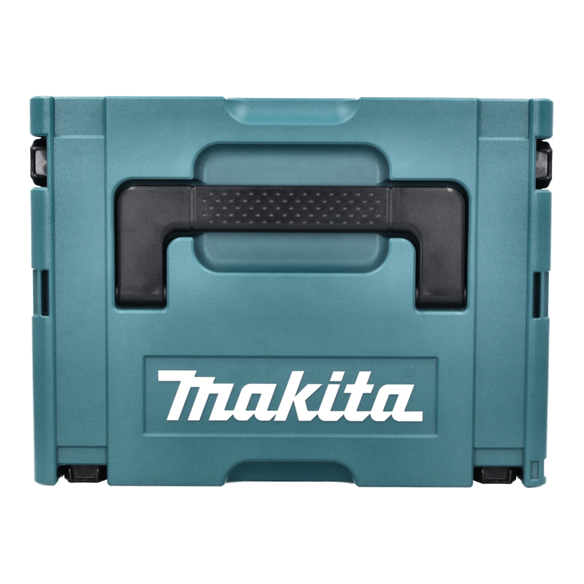 Eine türkisblaue Makita-Werkzeugkiste mit schwarzem Griff und weißem Makita-Logo. Die Box ist rechteckig.