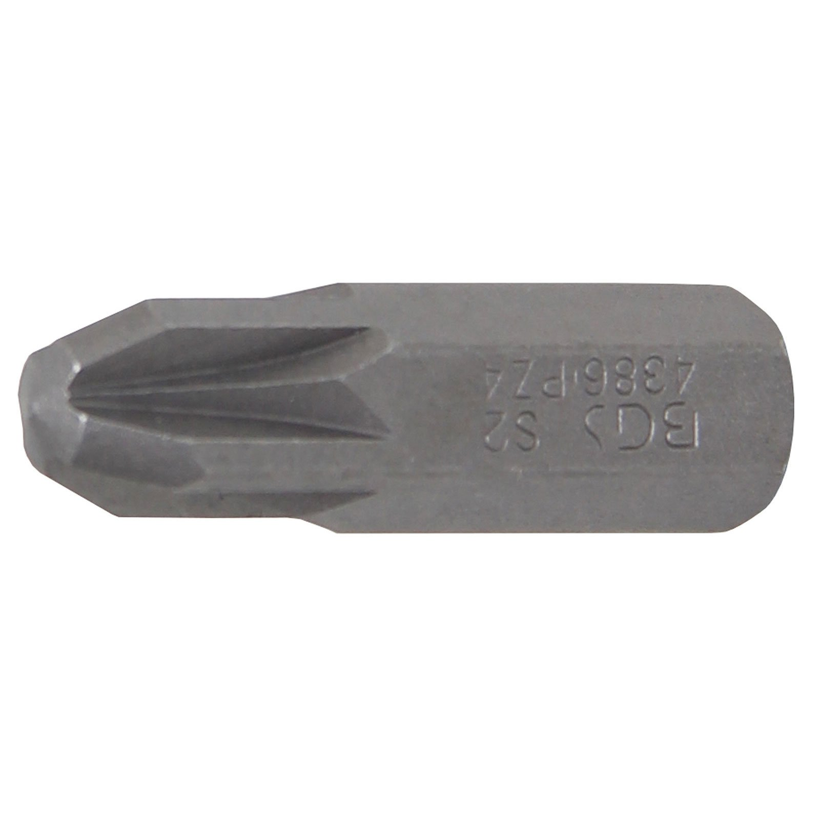 Una punta per cacciavite in metallo grigio con testa a croce, etichettata 'BGS S2 4386 PZ4'.