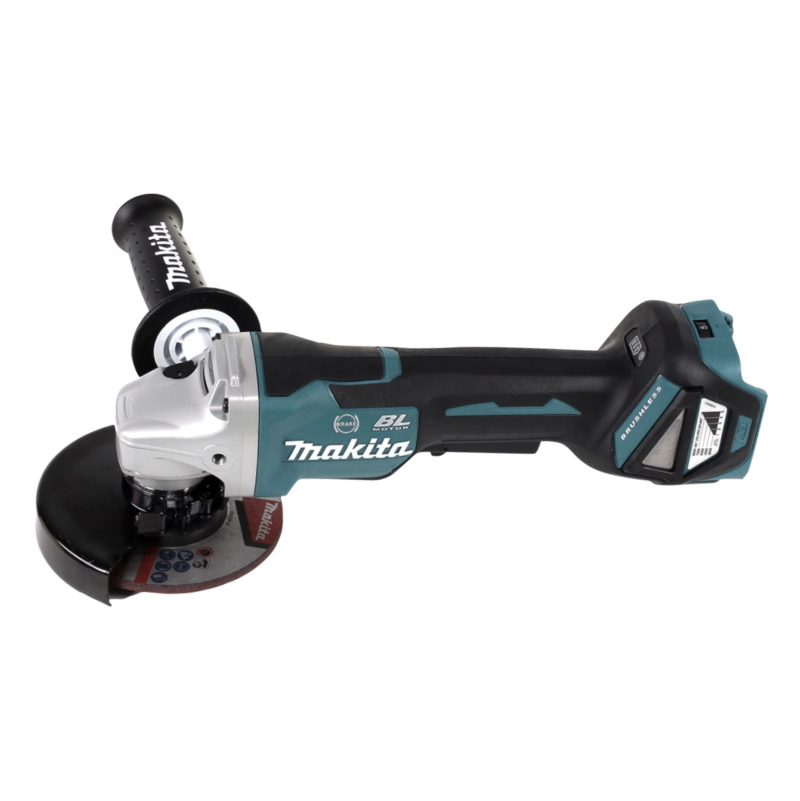 Ein kabelloser Makita-Winkelschleifer, teal und schwarz, auf weißem Hintergrund. Es hat eine Schleifscheibe und einen Seitenhandgriff.