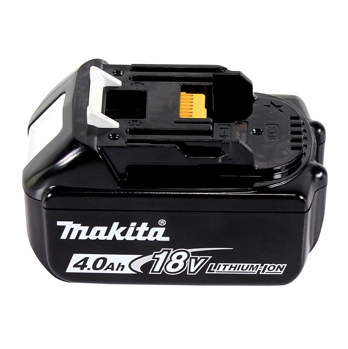 Schwarzer Makita 18V Lithium-Ionen-Akku. Mit weißen Akzenten, schwarzer Oberseite mit gelbem Anschluss und weißer Produktbeschriftung.