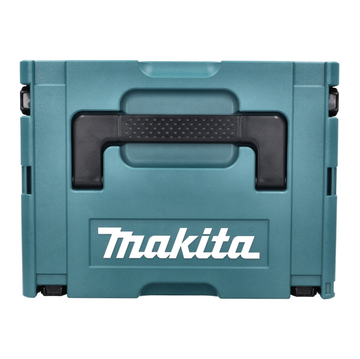 Eine türkisblaue Makita-Werkzeugkiste mit schwarzem Griff. Das Makita-Logo ist weiß auf der Vorderseite. Die Kiste ist geschlossen.