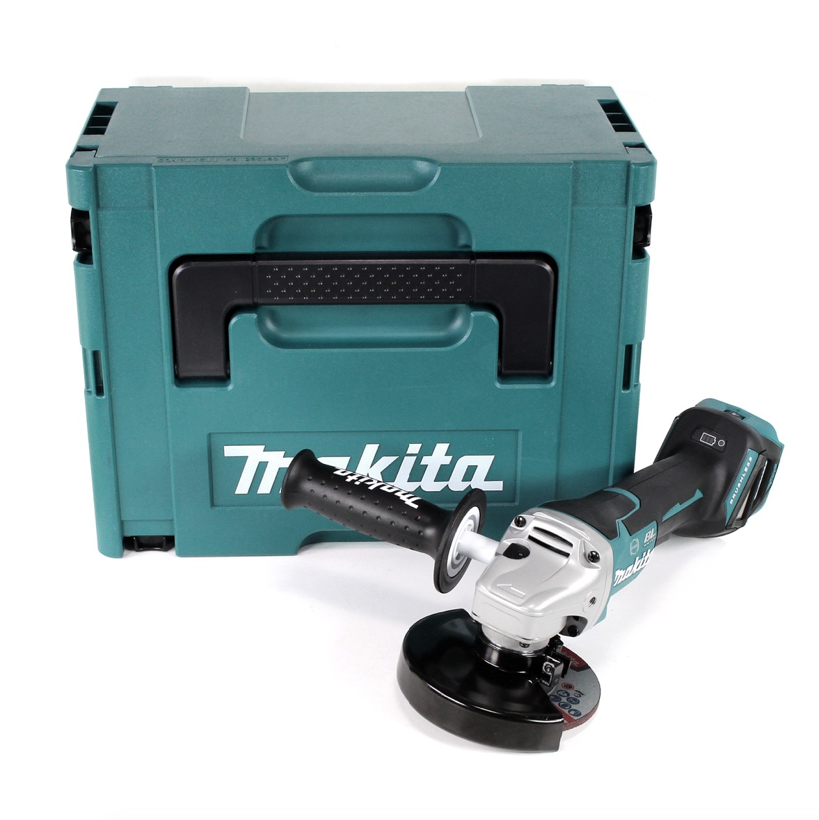 Ein tealfarbener Makita-Werkzeugkoffer mit schwarzem Griff und ein Makita-Schleifer daneben auf weißem Hintergrund.
