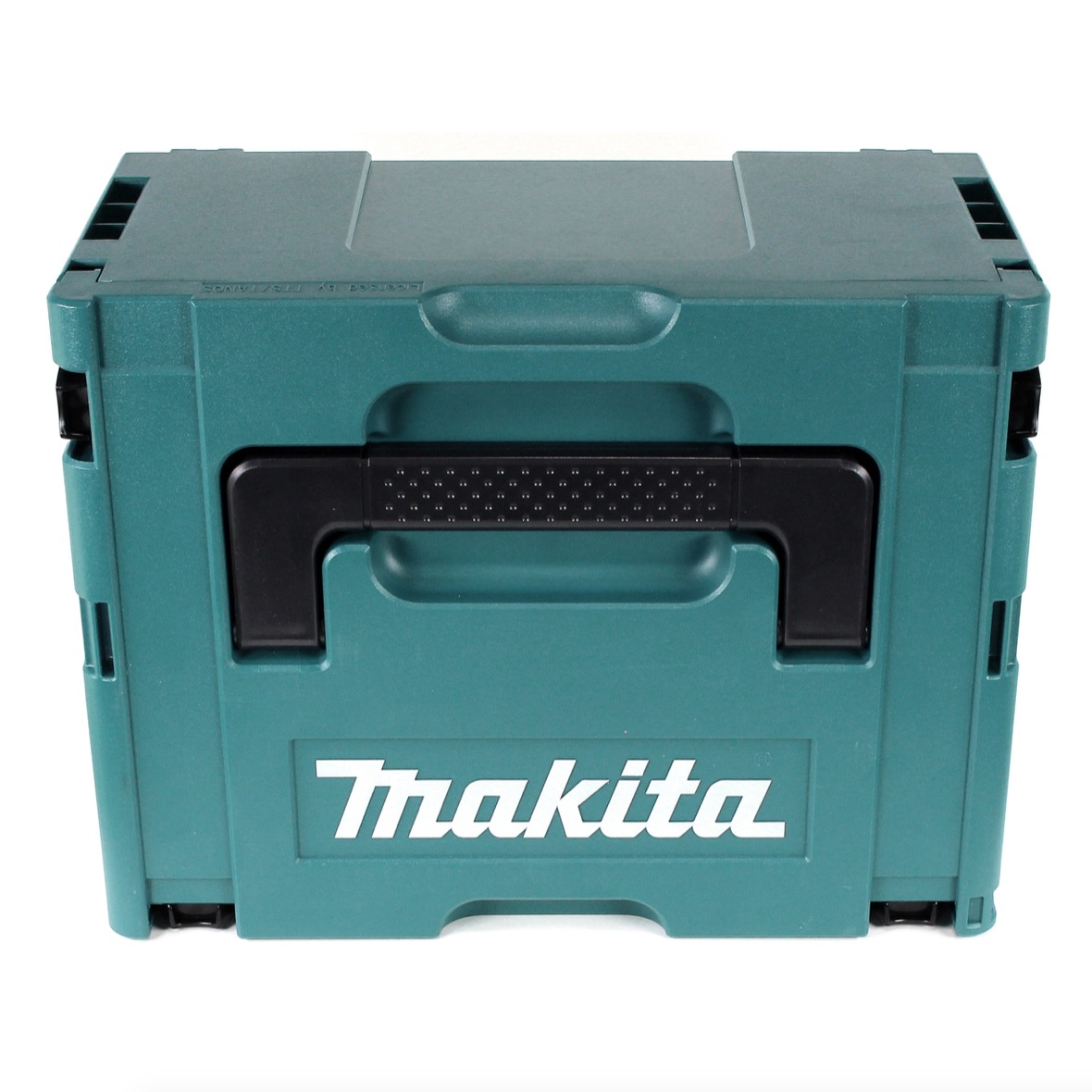 Eine teal Makita Werkzeugkiste mit schwarzem Griff und dem Markennamen in Weiß. Es ist auf weißem Hintergrund.