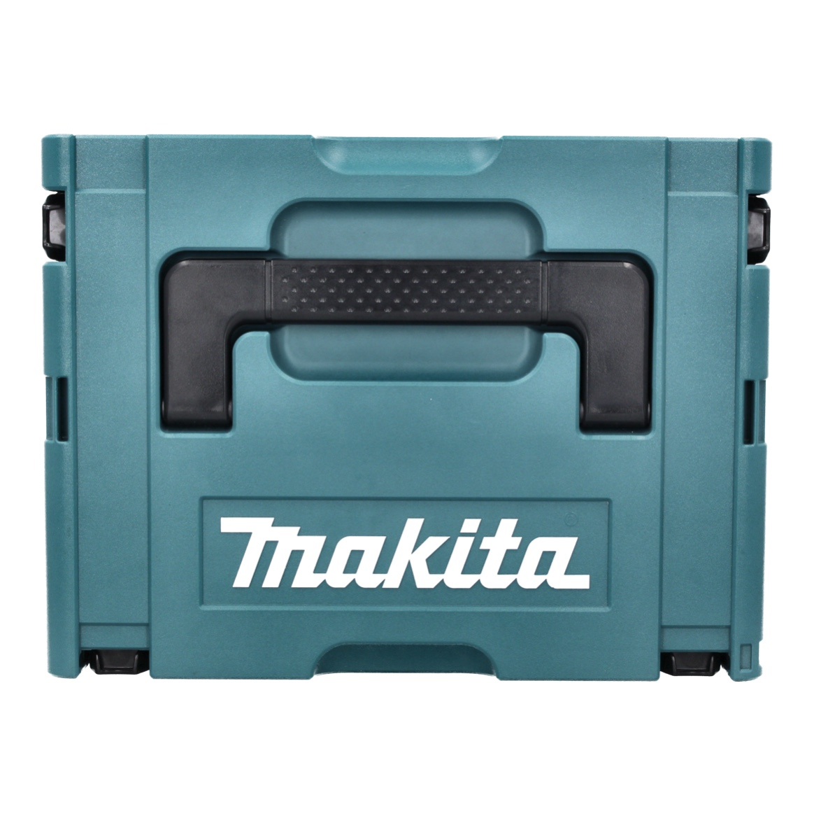 Eine türkisfarbene Makita-Werkzeugkiste. Sie hat einen schwarzen Griff in der Mitte und den Markennamen weiß aufgedruckt.
