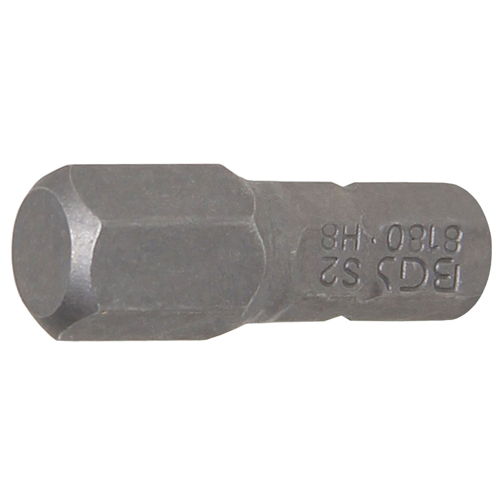 Una punta per cacciavite grigia metallizzata a forma esagonale con scritte 'BGS S2 6180 H8' su sfondo bianco.