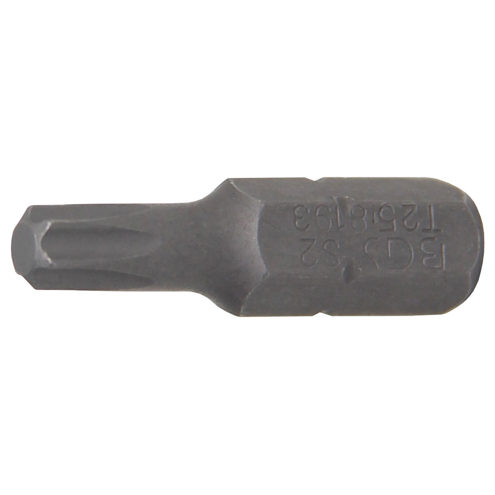 Una punta per utensili in metallo grigio con corpo esagonale e punta a stella, su sfondo bianco.