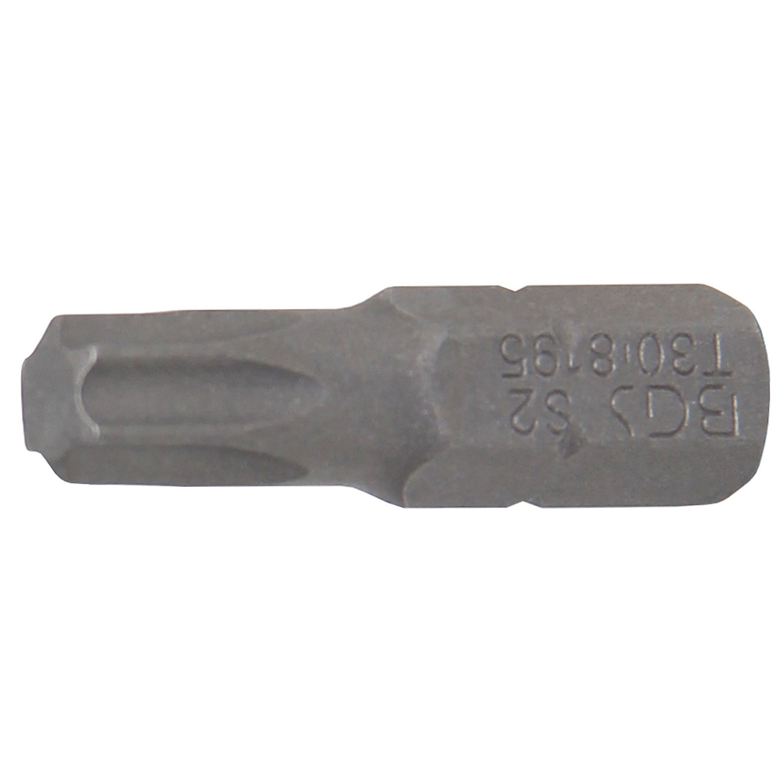 Una punta Torx in metallo grigio, etichettata 'BGS S2 T30 8195'. La punta ha un corpo esagonale e una punta speciale.