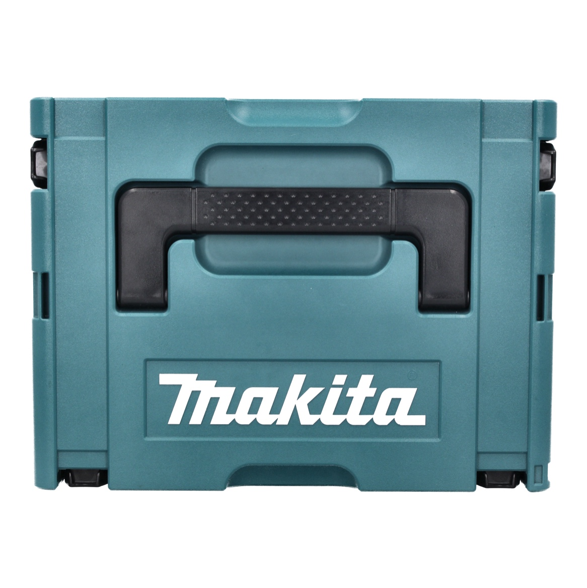 Eine tealfarbene Makita-Werkzeugbox. Sie hat einen schwarzen Griff und das Makita-Logo in Weiß auf der Vorderseite. Die Box ist geschlossen.